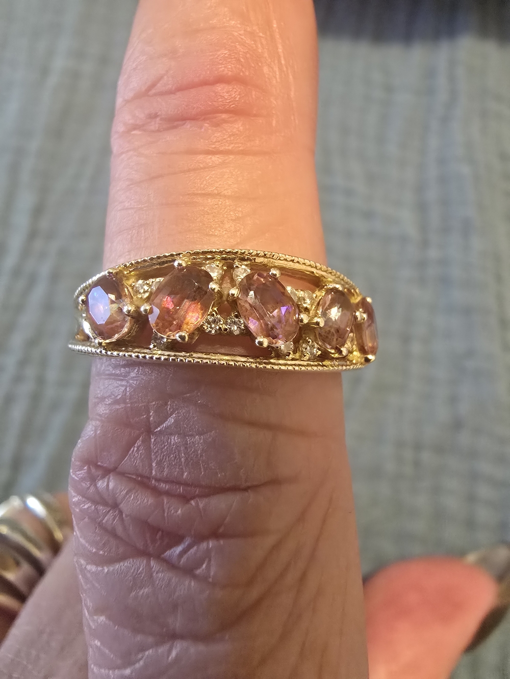 10 K Gold Ring with Diamonds And Sunset Topaz Stones Size 7